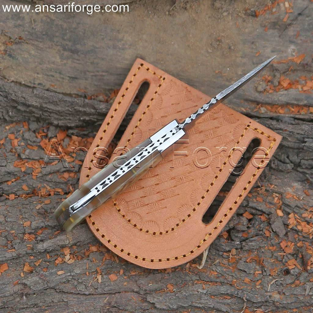Beautiful file work on Handmade Damascus Folding Knife's Blade
