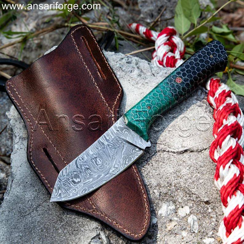 9" Fixed Blade Best Damascus Skinning Knife For Deer, Buck Or Animals Field Dressing With Honey Comb Handle & Cross Draw Horizontal Leather Sheath