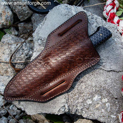 Best Damascus Skinning Knife with sheath - Features the knife securely positioned in the included cowhide leather cross draw horizontal sheath.