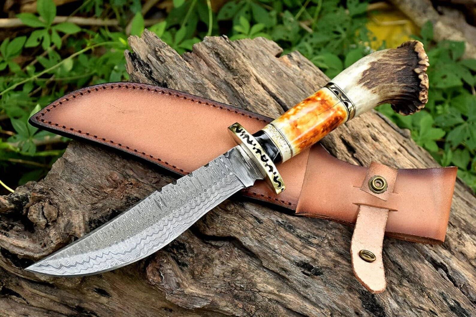 Custom Handmade Stag Handle Damascus Bowie Knife With Sheath.