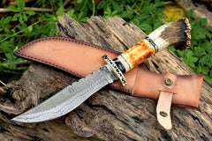 Custom Handmade Stag Handle Damascus Bowie Knife With Sheath.