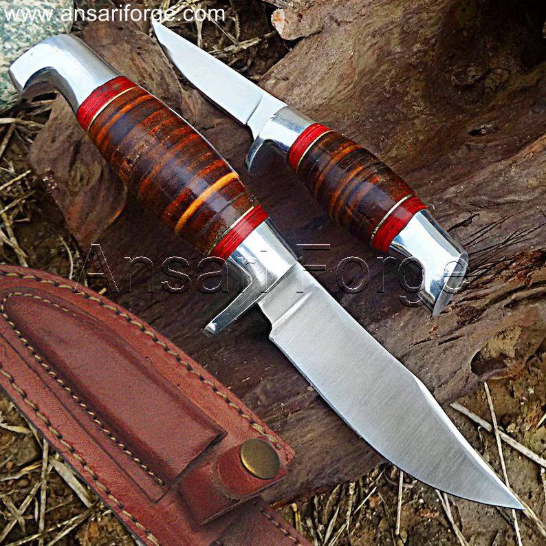Complete Hunting Knife Set with two piggy back knives, cowhide leather sheath, and leather handles.