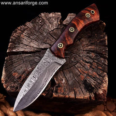 Handmade Damascus hunting knife with walnut wood handle & leather sheath