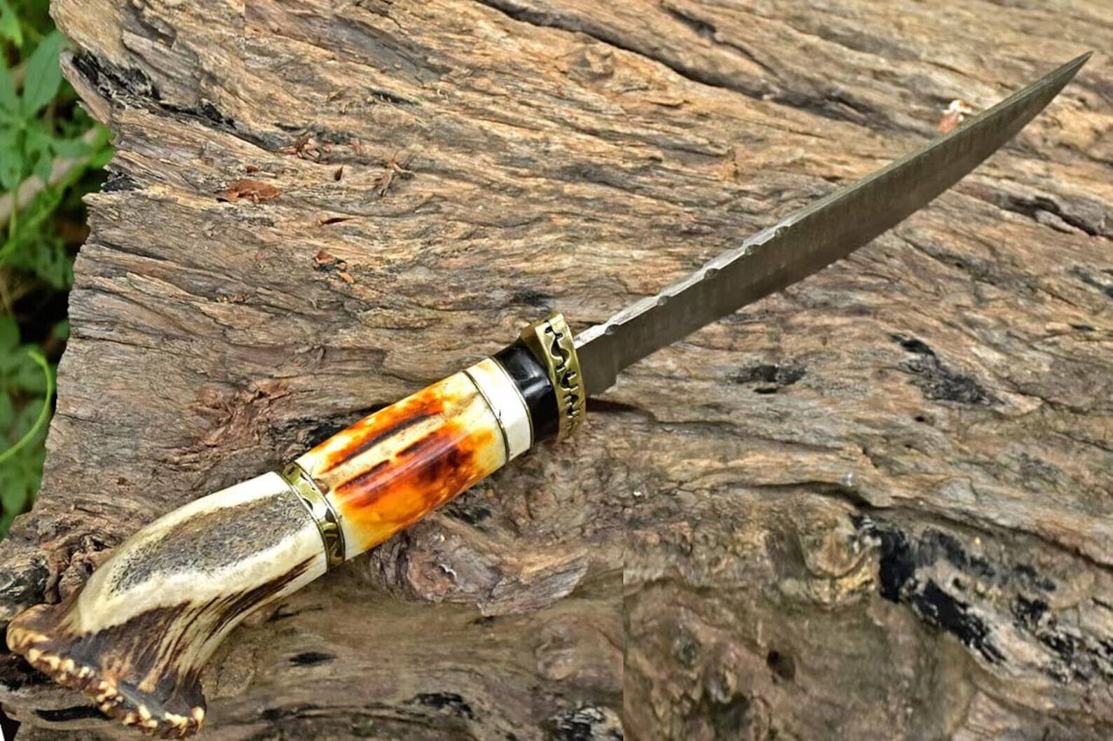 Custom Handmade Stag Handle Damascus Bowie Knife With Sheath