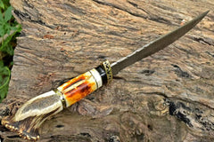 Custom Handmade Stag Handle Damascus Bowie Knife With Sheath