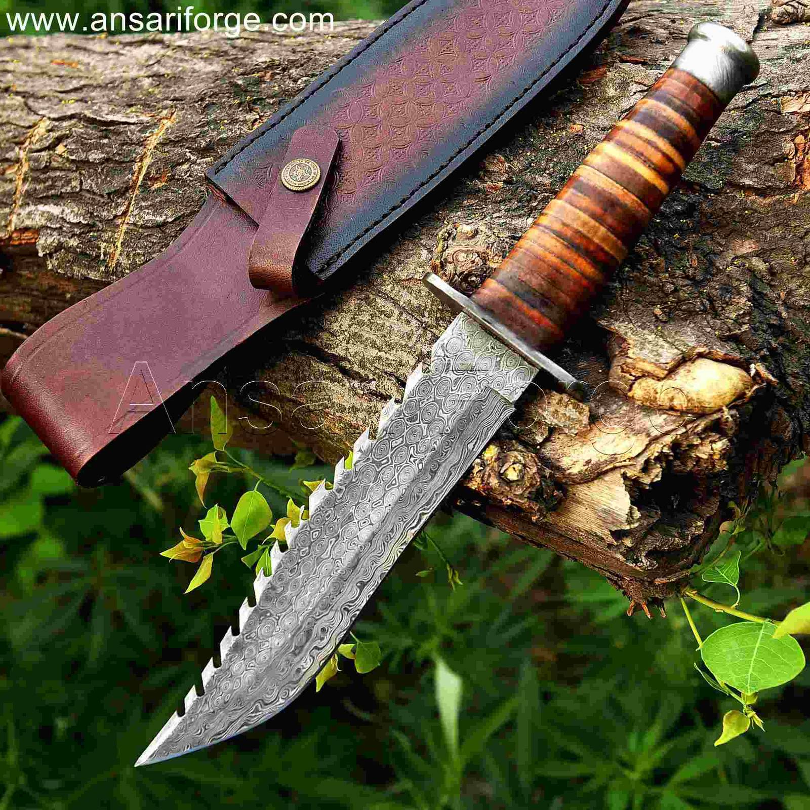 Best Bowie knife with Damascus steel blade, leather handle, and cowhide leather sheath.