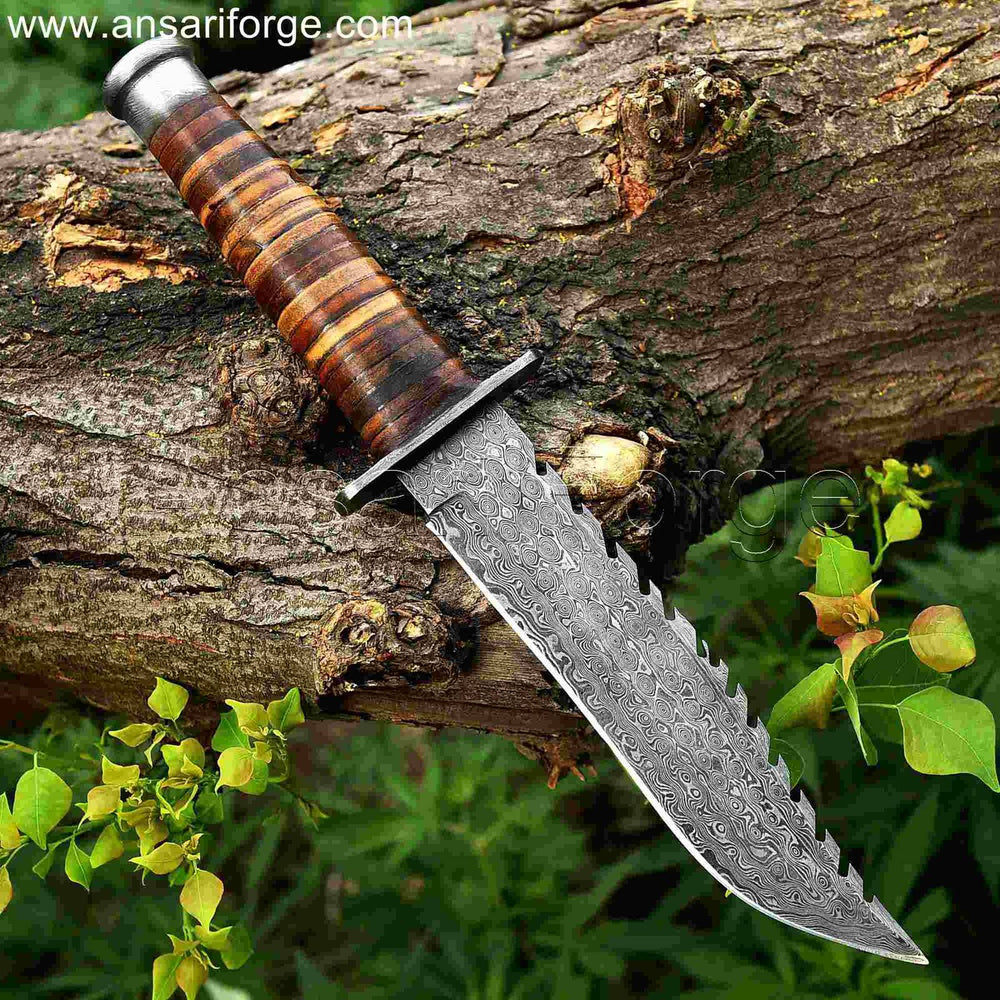 Best Bowie Knife - Hand-forged Damascus Steel with Raindrop Pattern, Leather Handle & Sheath