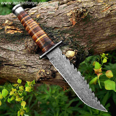 Best Bowie Knife - Hand-forged Damascus Steel with Raindrop Pattern, Leather Handle & Sheath
