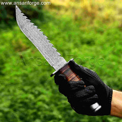 Hand-forged Damascus steel Best Bowie knife with raindrop pattern blade, leather handle, and real cowhide leather sheath.