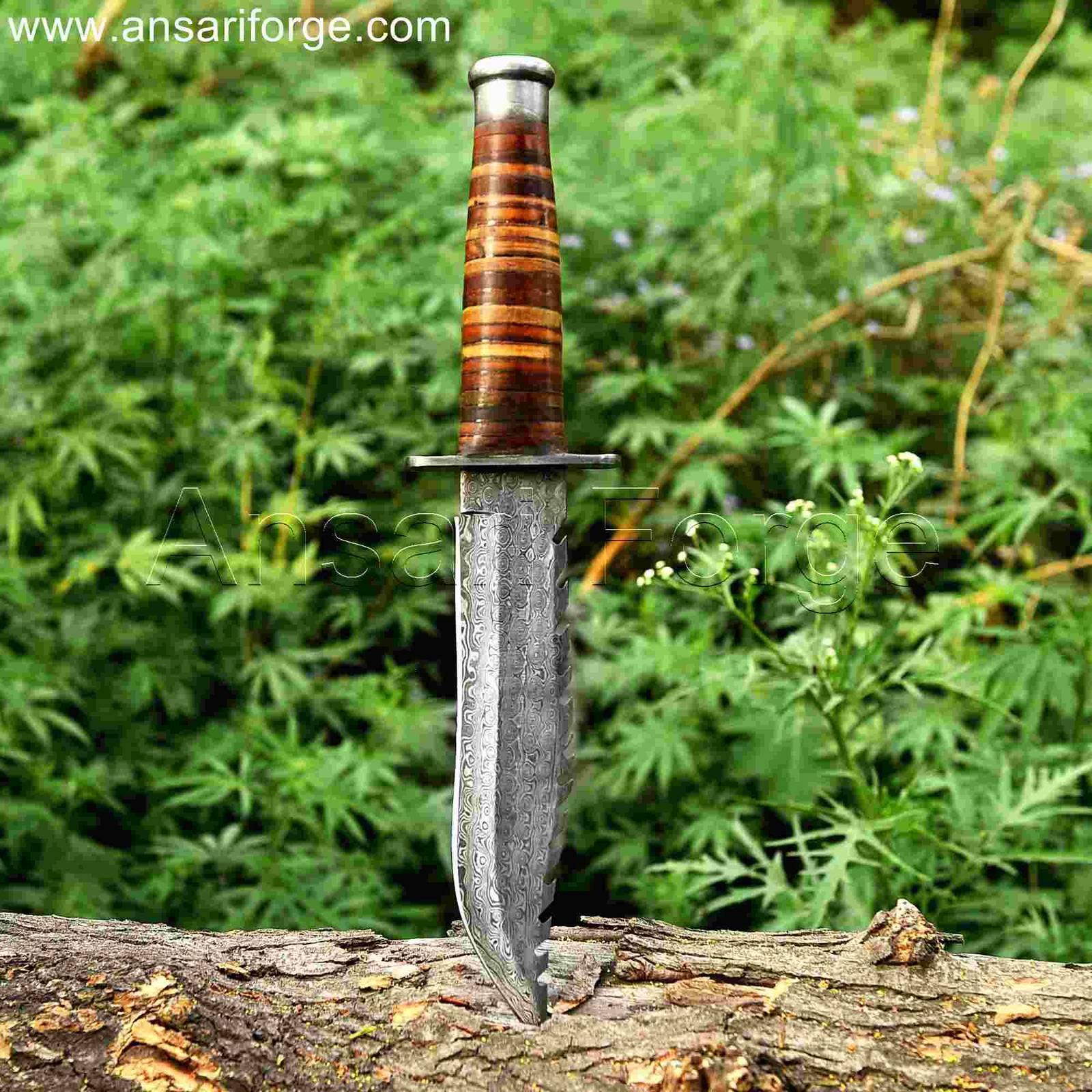 Best Bowie Knife - Hand-forged Damascus Steel with Raindrop Pattern, Leather Handle & Sheath