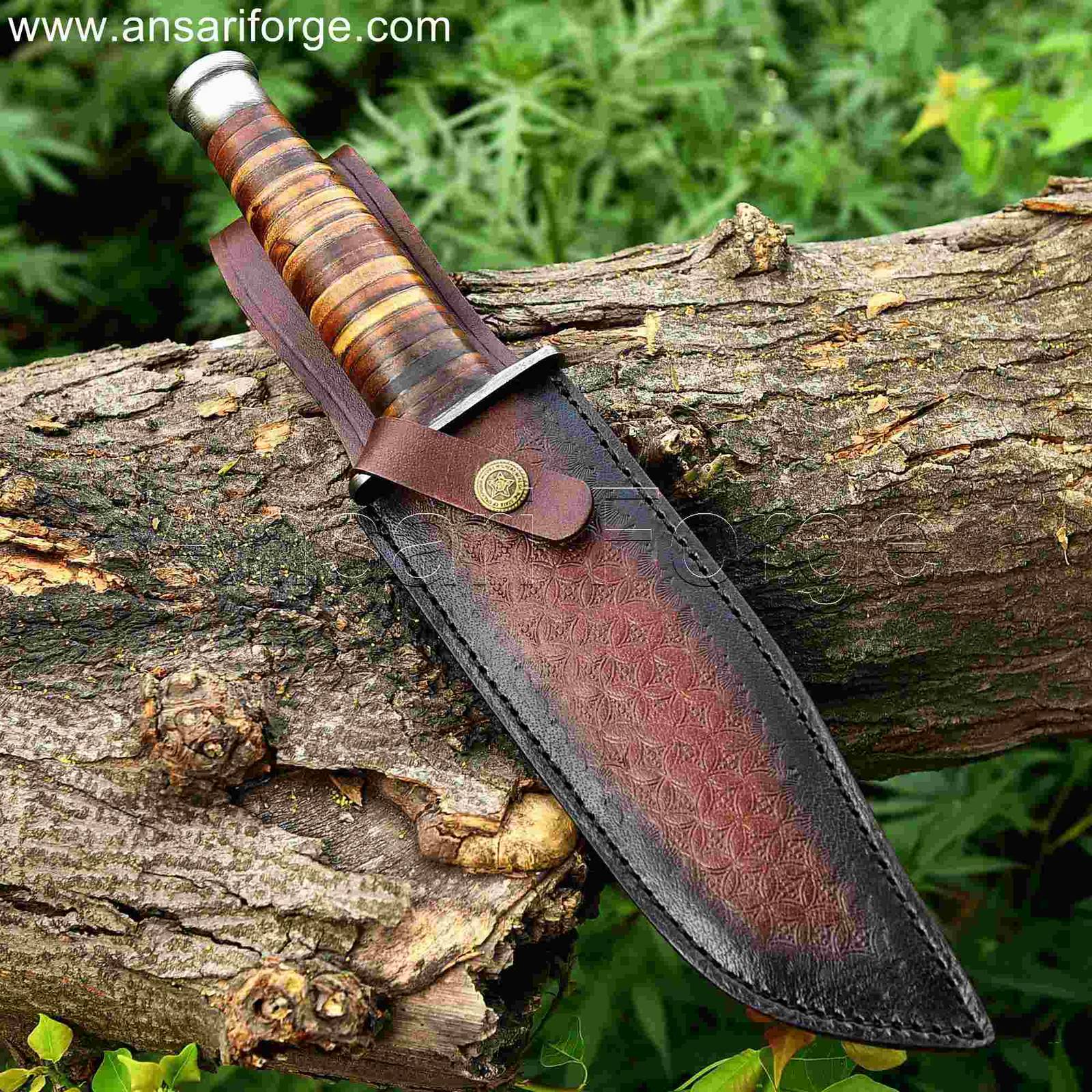 Best Bowie knife with custom Damascus steel hilt, pommel & leather sheath.