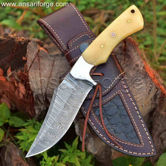 Handmade Damascus Hunting Knife with twist pattern Damascus steel blade, camel bone handle, and cowhide leather sheath.