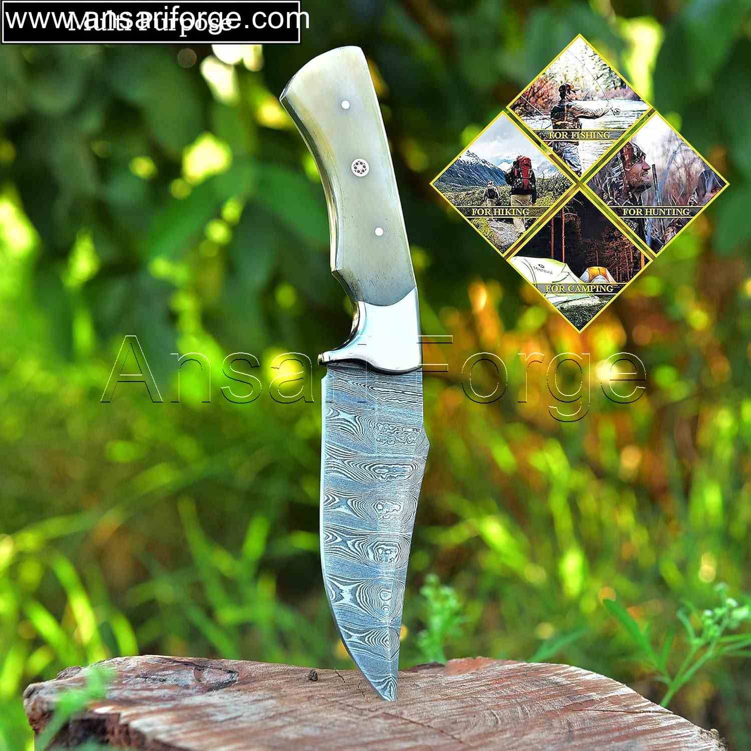Handmade Damascus Hunting Knife with Twist Pattern Damascus Steel Blade, Camel Bone Handle, and Leather Sheath