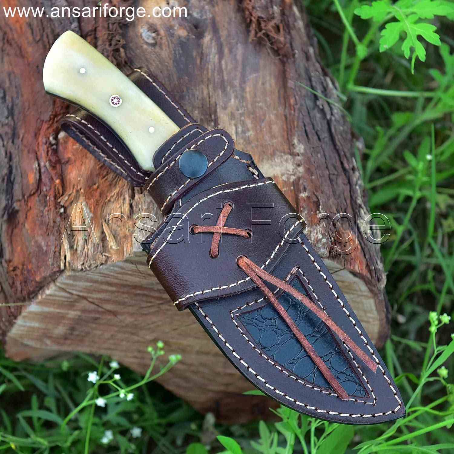 Handmade Damascus hunting knife in brown leather sheath