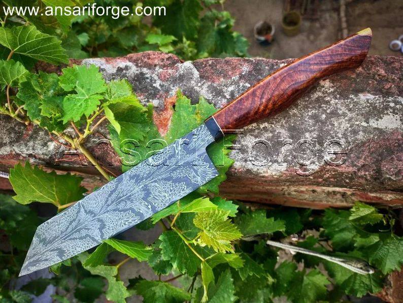 Close-up view of Mosaic Damascus Chef Knife showcasing the beautiful layered blade pattern.