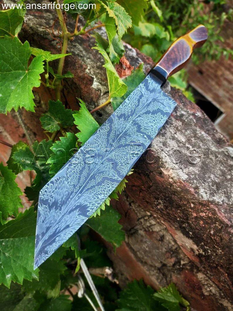 8 inch blade of mosaic Damascus knife showing beautiful butterfly pattern