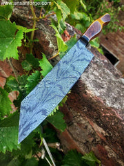 8 inch blade of mosaic Damascus knife showing beautiful butterfly pattern