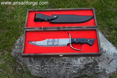 AF-1079 15 Inch Fixed Blade Mosaic Damascus Bowie Knife For Hunting Skinning & Camping with wooden box, Groomsmen Personalized Knife Gift