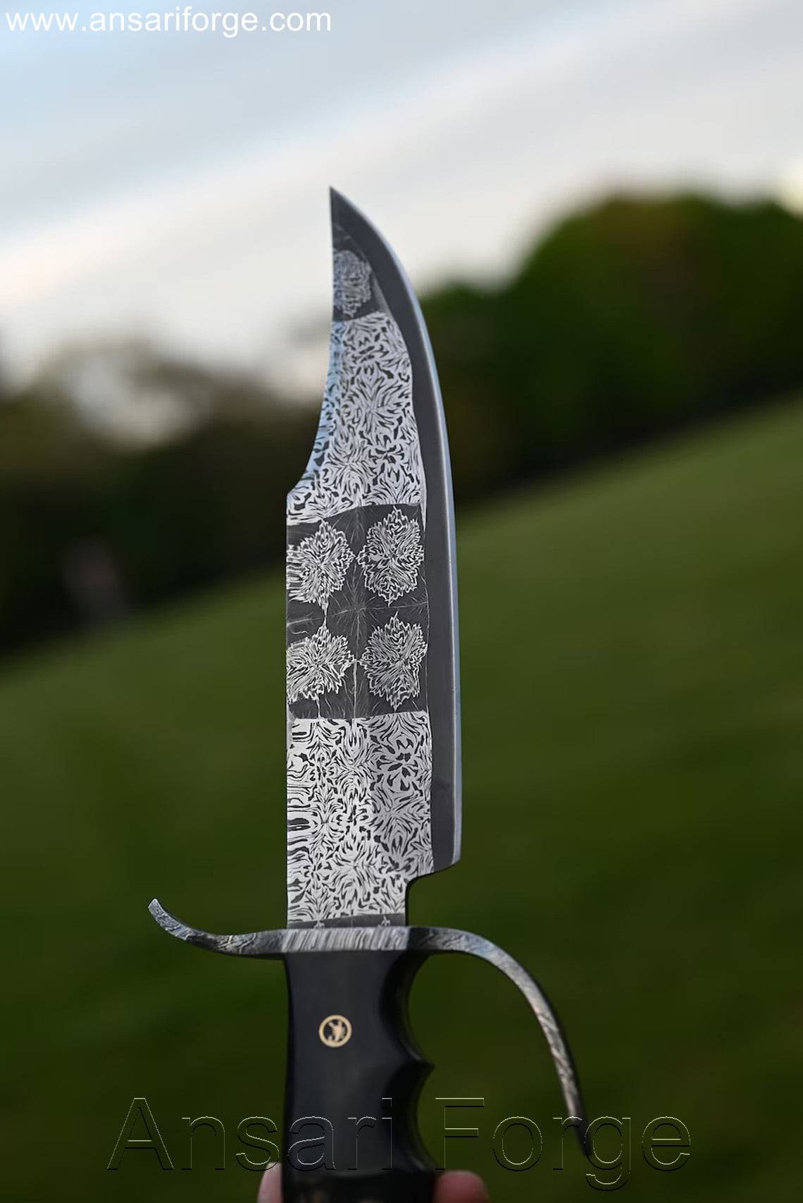 Blade of Mosaic Damascus Bowie Knife showcasing very beautiful pattern