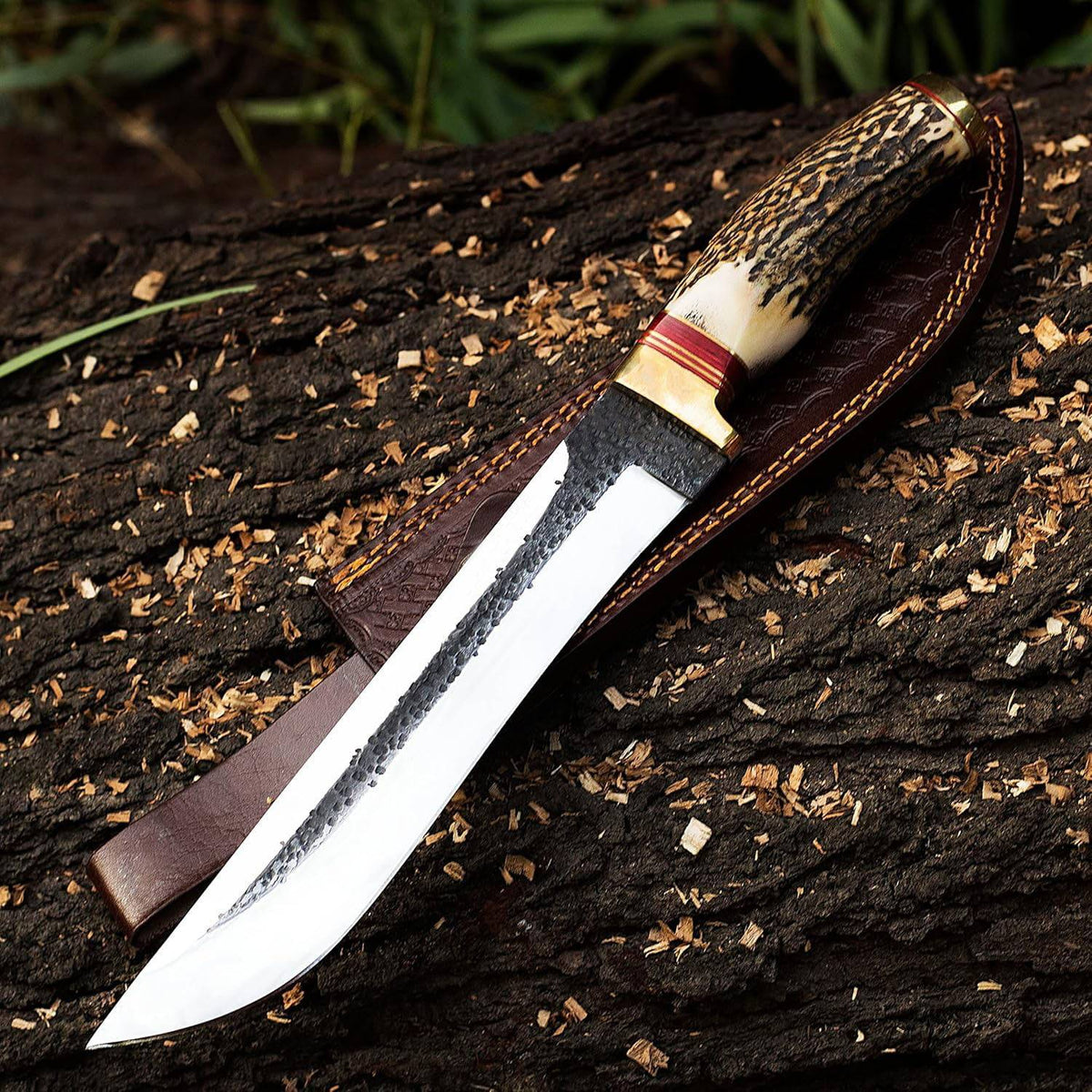 12 Inch Fixed Blade Custom Forged Bowie Knife With Antler Handle & Leather Sheath