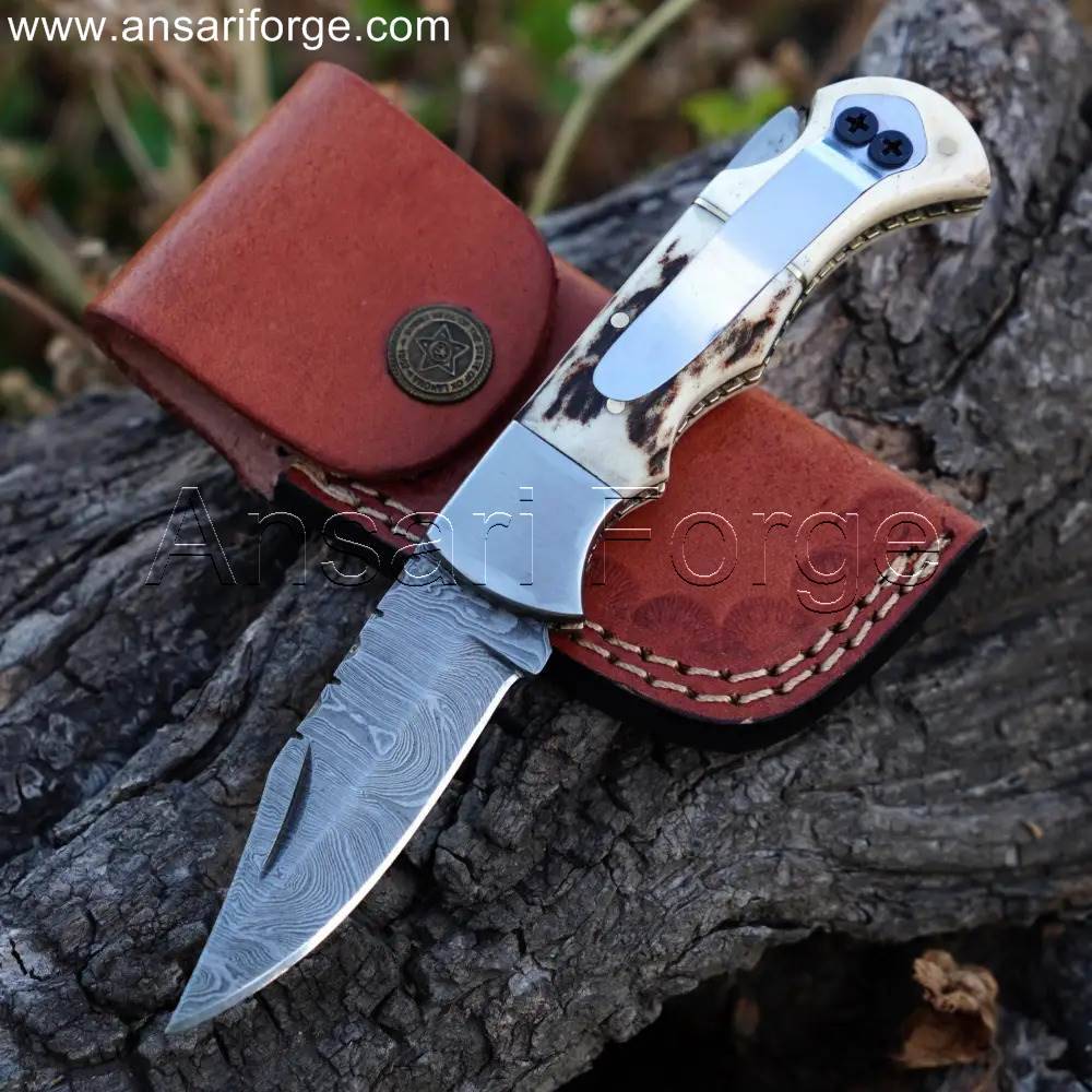 Handmade Damascus Folding Utility Knife with Stag Antler and Camel Bone Handle