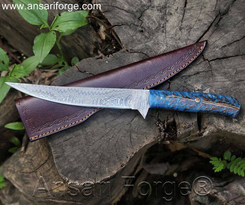 Fillet Fishing Knife Handmade Damascus Steel Knife With Flexible Blade, Pin Cone Handle & Leather Sheath