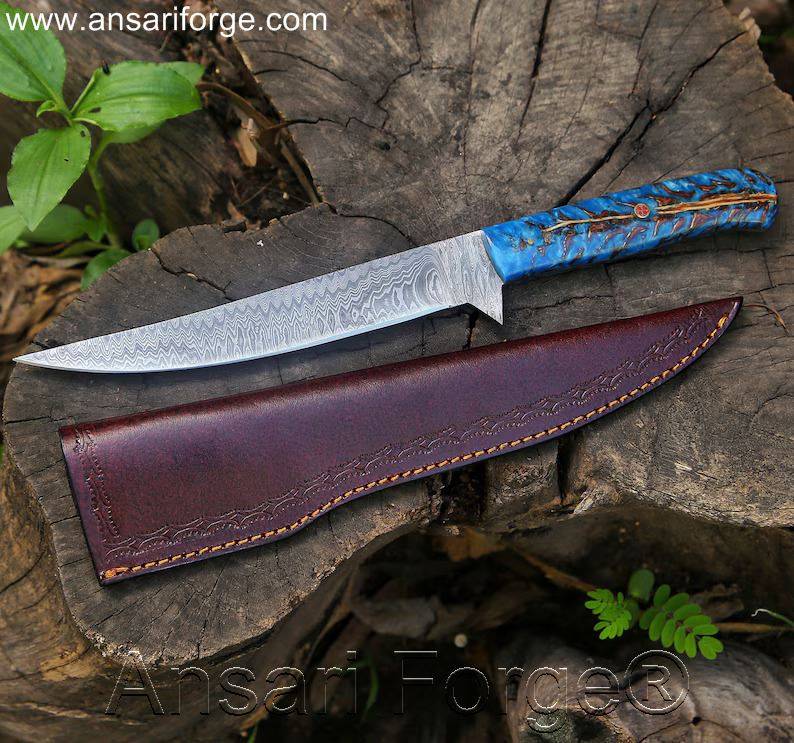 Fillet Fishing Knife Handmade Damascus Steel Knife with a flexible blade, featuring a ladder pattern, pine cone handles, and a cowhide leather sheath.