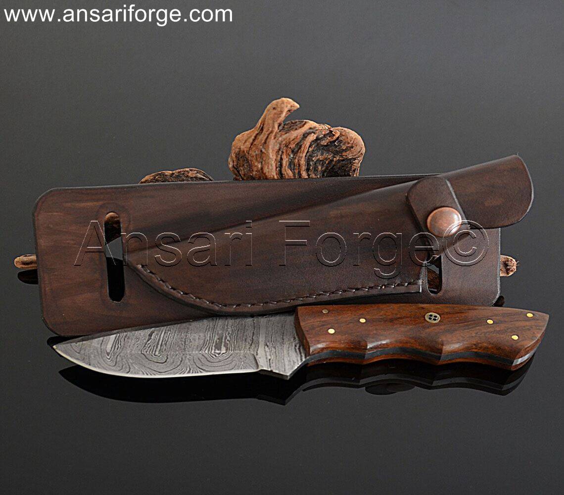 Walnut Wood handle Damascus Knife With Horizontal carry leather sheath.