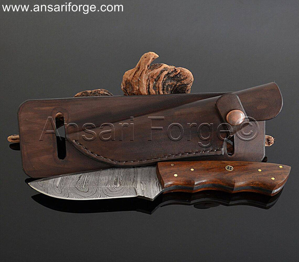 Walnut Wood handle Damascus Knife With Horizontal carry leather sheath.