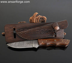 Walnut Wood handle Damascus Knife With Horizontal carry leather sheath.