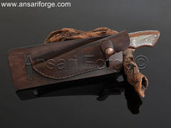 Full Tang Damascus Knife in Horizontal Carry Leather Sheath.