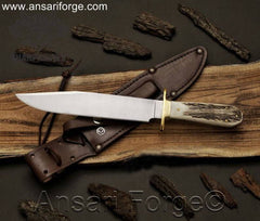 Ansari Forge Wild West Bowie Knife, 440c blade & stag handle displayed with sheath