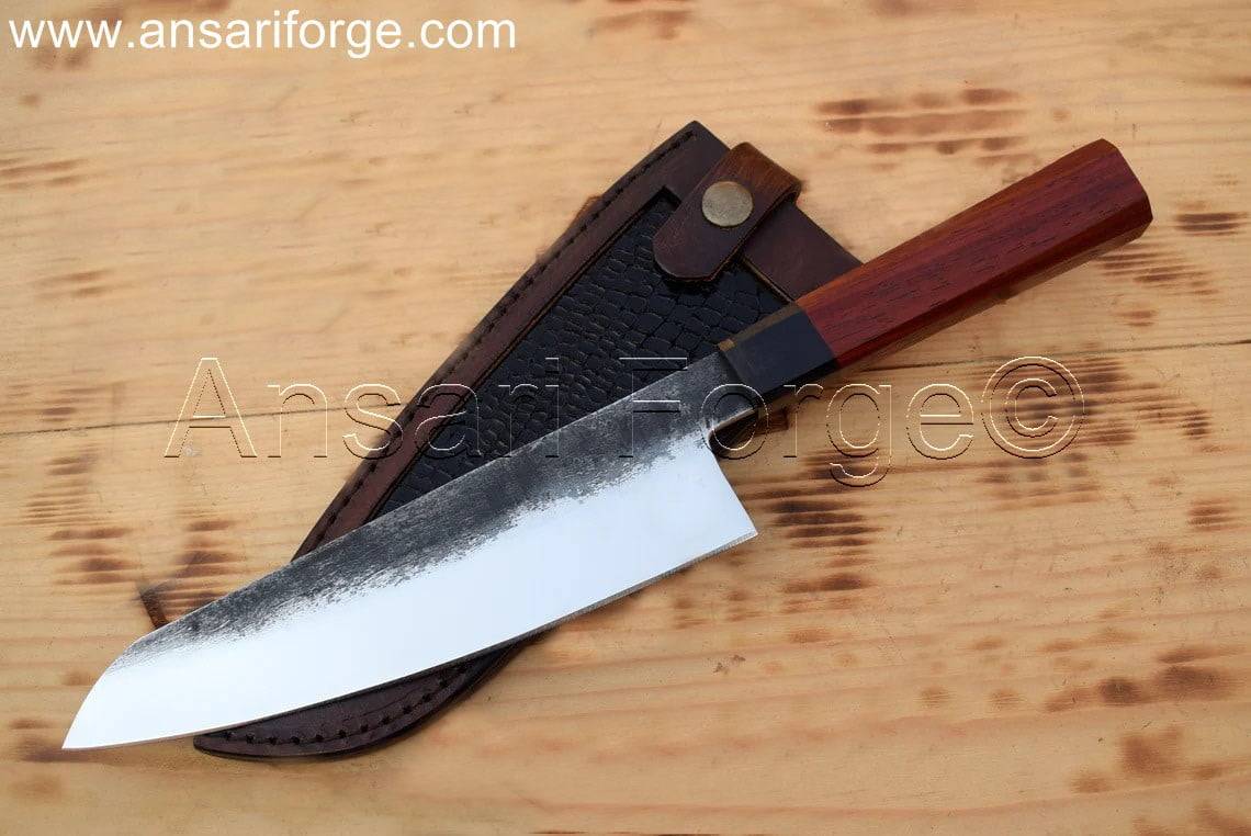 Hand Forged Chef's Knife with Red Wood Handle and Leather Sheath