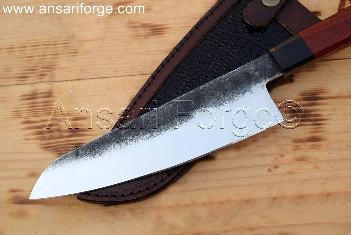Hand Forged Chef's Knife with Red Wood Handle and Leather Sheath