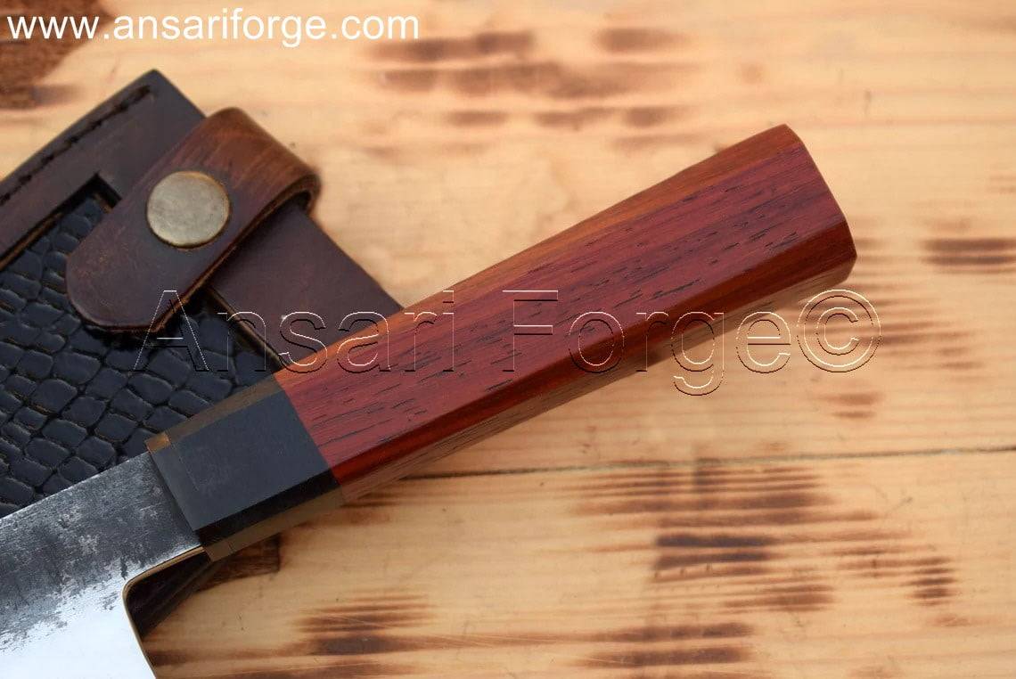 Hand Forged Chef's Knife with Red Wood Handle and Leather Sheath