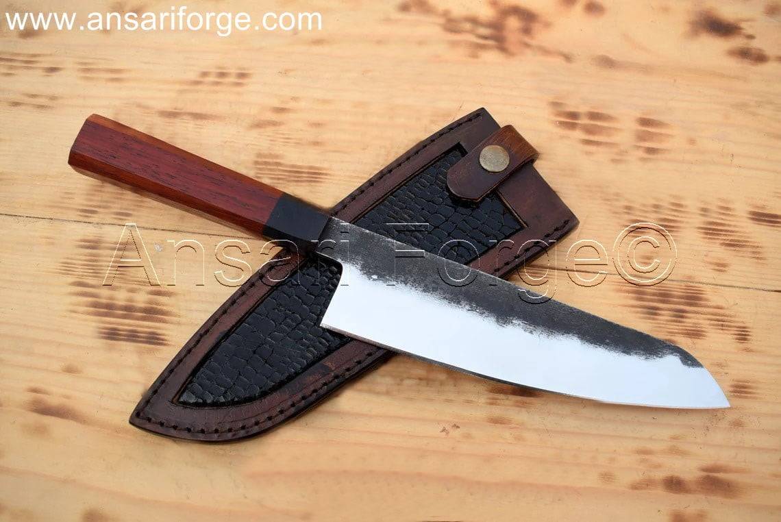 12 Inch Hand Forged Chef's Knife, 14cn28 Steel Hexagon Wooden Handle & Leather Sheath.