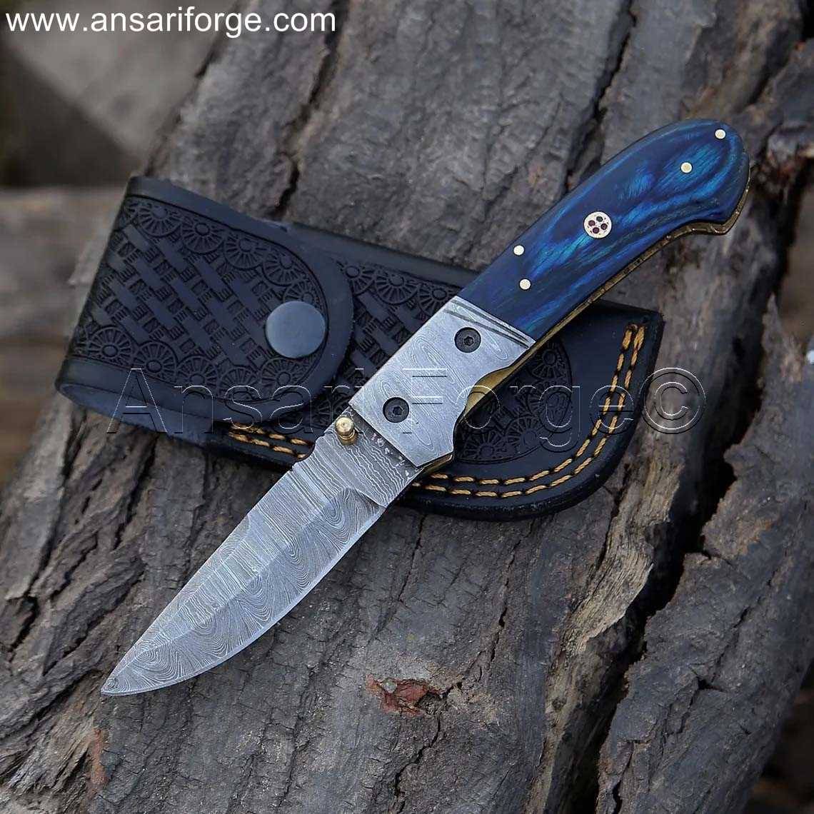 Handmade Damascus Folding Pocket Knife, EDC - Ansari Forge Knives.
