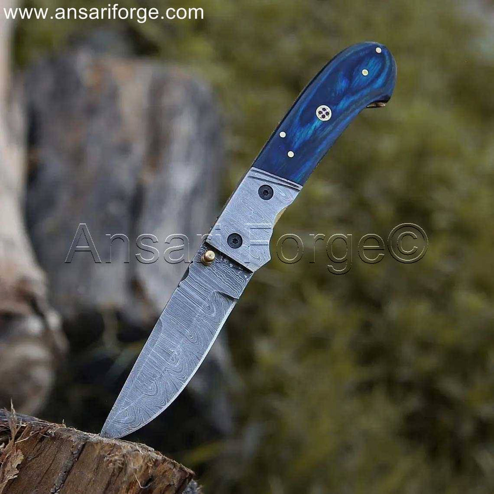 Handmade Damascus Folding Pocket Knife, EDC - Ansari Forge Knives.