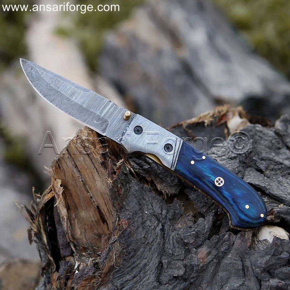 Handmade Damascus Folding Pocket Knife, EDC - Ansari Forge Knives.