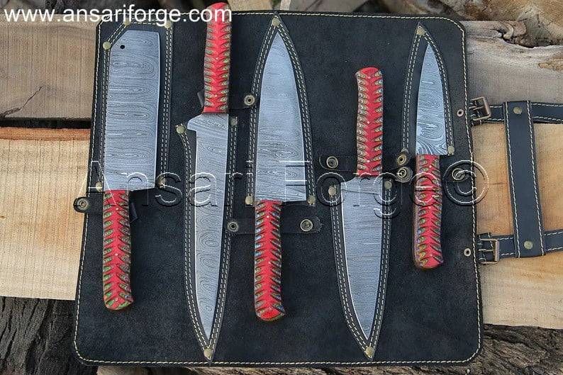 Best Damascus Kitchen Knife Set, hand-forged from 1095 & 15n20 Damascus steel with a twist pattern, featuring a Santoku knife, Gyuto knife, Paring knife, Nakiri knife, and Boning knife, all with Pakka wood handles and a 5-case leather roll bag.
