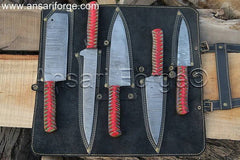 Best Damascus Kitchen Knife Set, hand-forged from 1095 & 15n20 Damascus steel with a twist pattern, featuring a Santoku knife, Gyuto knife, Paring knife, Nakiri knife, and Boning knife, all with Pakka wood handles and a 5-case leather roll bag.