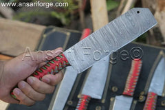 Best Damascus Kitchen Knife Set, hand-forged from 1095 & 15n20 Damascus steel with a twist pattern, featuring a Santoku knife, Gyuto knife, Paring knife, Nakiri knife, and Boning knife, all with Pakka wood handles and a 5-case leather roll bag.