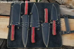 Best Damascus Kitchen Knife Set, hand-forged from 1095 & 15n20 Damascus steel with a twist pattern, featuring a Santoku knife, Gyuto knife, Paring knife, Nakiri knife, and Boning knife, all with Pakka wood handles and a 5-case leather roll bag.