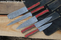 Best Damascus Kitchen Knife Set, hand-forged from 1095 & 15n20 Damascus steel with a twist pattern, featuring a Santoku knife, Gyuto knife, Paring knife, Nakiri knife, and Boning knife, all with Pakka wood handles and a 5-case leather roll bag.