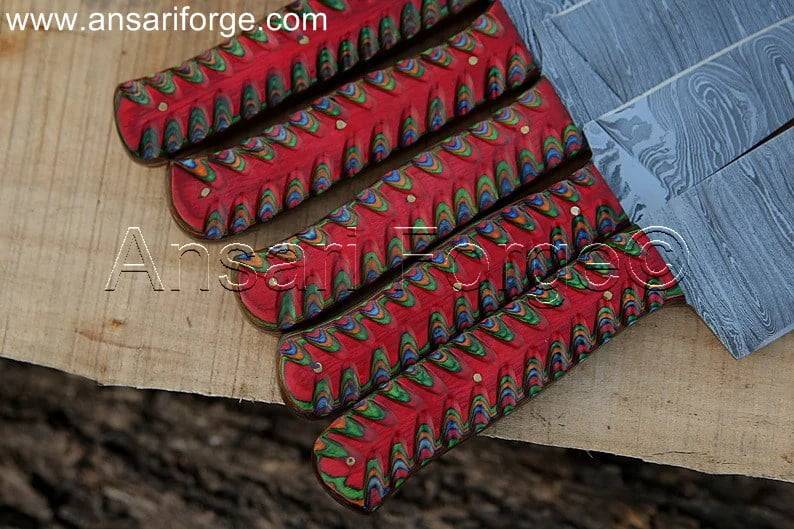 Best Damascus Kitchen Knife Set, hand-forged from 1095 & 15n20 Damascus steel with a twist pattern, featuring a Santoku knife, Gyuto knife, Paring knife, Nakiri knife, and Boning knife, all with Pakka wood handles and a 5-case leather roll bag.