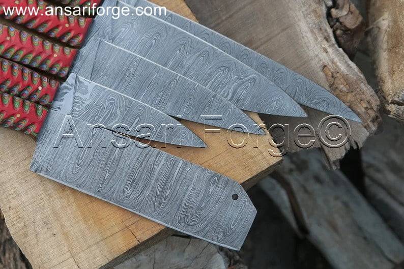 Best Damascus Kitchen Knife Set, hand-forged from 1095 & 15n20 Damascus steel with a twist pattern, featuring a Santoku knife, Gyuto knife, Paring knife, Nakiri knife, and Boning knife, all with Pakka wood handles and a 5-case leather roll bag.