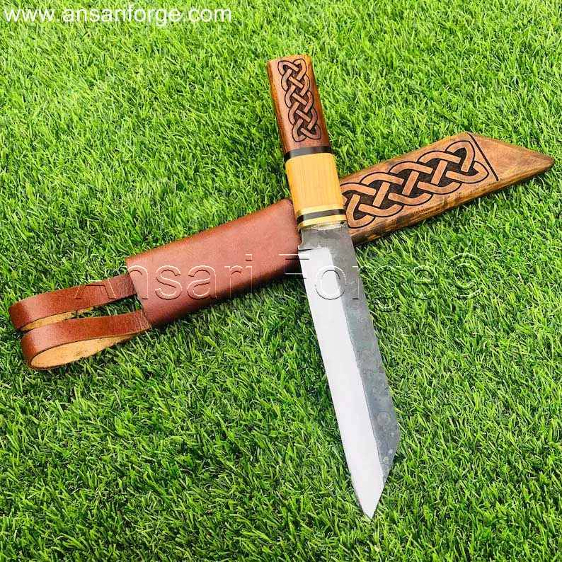 Viking Seax Knife Beagnoth by Ansari Forge with hand-forged 5160 high carbon steel blade, rosewood and olive wood handle featuring Nidhogg Viking dragon carvings, and genuine cowhide leather sheath with dragon hand carving.