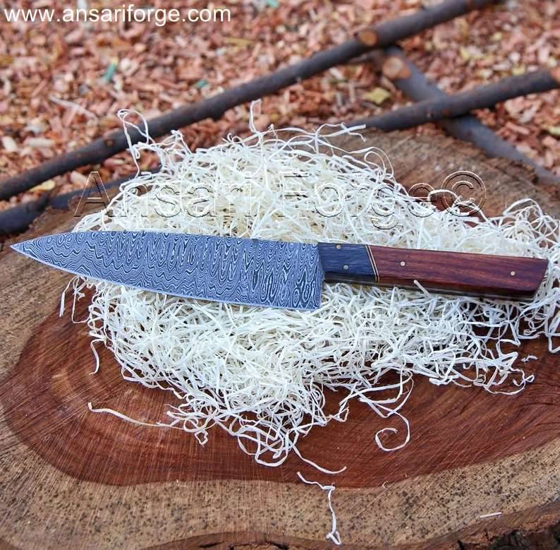 Hand-forged Damascus Chef Knife with Rosewood Handle and Leather Sheath in Handmade Ash Wood Gift Box.