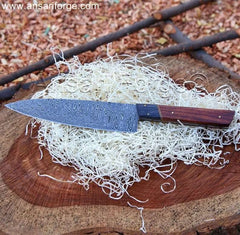 Hand-forged Damascus Chef Knife with Rosewood Handle and Leather Sheath in Handmade Ash Wood Gift Box.