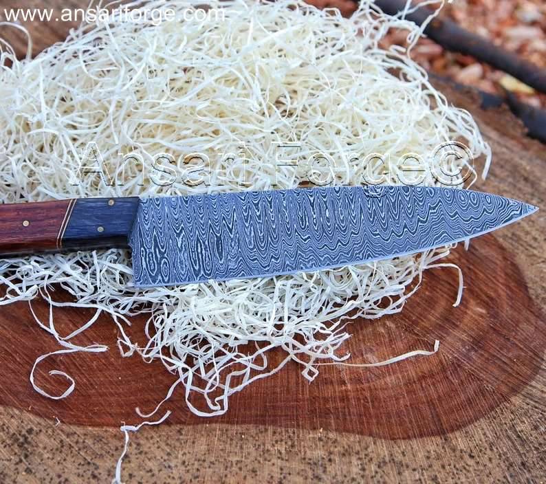 Hand-forged Damascus Chef Knife with Rosewood Handle and Leather Sheath in Handmade Ash Wood Gift Box.
